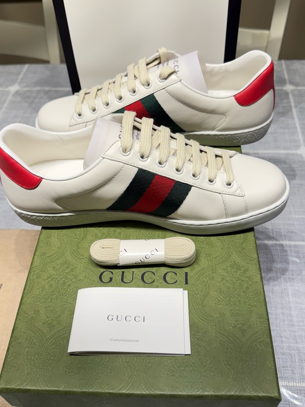 Gucci Men’s White Leather Sneakers with Red & Green Web and Red Heel Tab